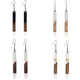Retro Wooden Resin Geometric Bar Drop Dangle Earrings Layered Leopard for Women Polymer Clay Lightweight Statement Jewelry-4 Pairs/Set