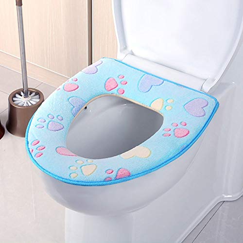 Fan-Ling Thickened cat paw Toilet Cushion,Cleaning Comfortable Toilet Seat Cover Pads,Bathroom Warmer Toilet Seat Cloth Soft Closestool Washable Lid Top Cover Pad,Easy Installation (Sky Blue)