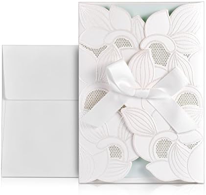 WEBO 20pcs elegant lotus embossed invitation cards kit with envelopes, seals,with ribbon design for Wedding ,Bridal Shower Rehearsal Dinner ,Bachelorette Party ,Engagement,Sweet,Gold Invitation