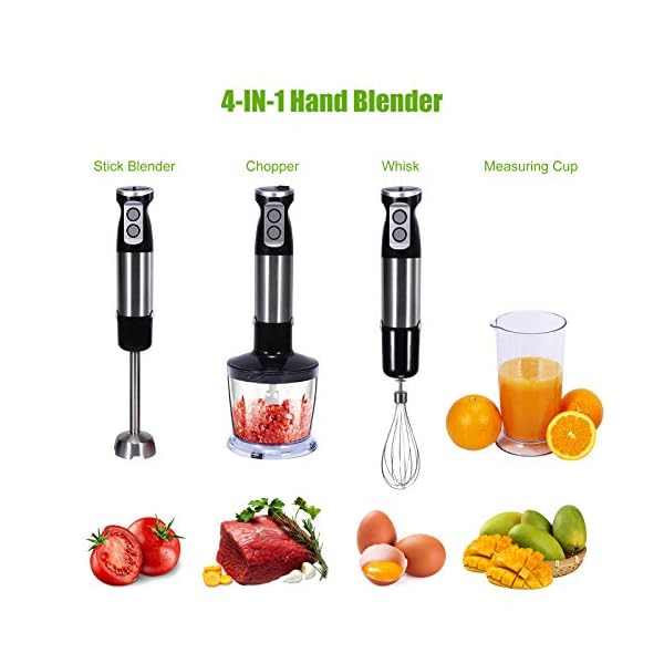 Hand Blender, 4 in 1 Food Processor with Stick Blender 600W, Vegetable Chopper, Egg Whisk Electric, 600ML Measuring Cup