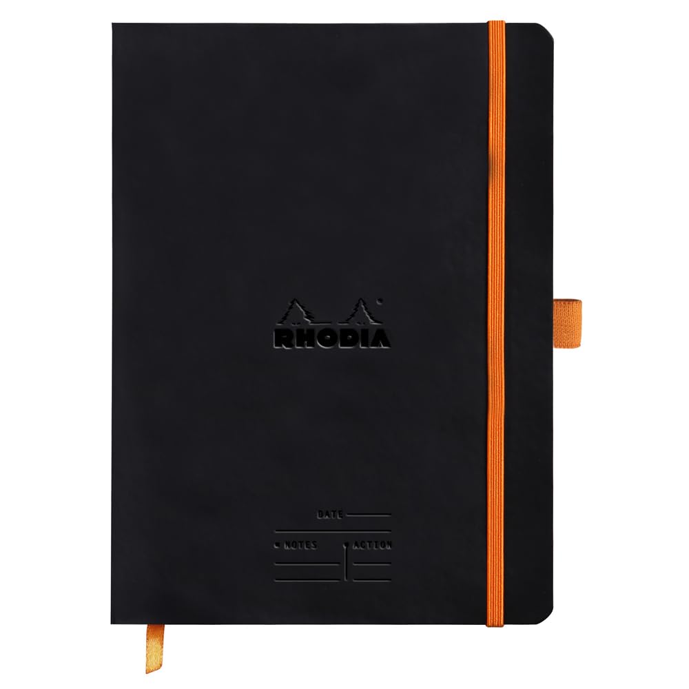 RHODIA 117782C - Soft Meeting Notebook Black - A5+ - Pre-Printed Date/Notes/Action - 160 Detachable Pages - 90G Clairefontaine Paper - Bookmark, Pencil Holder - Faux Leather Cover - Rhodiarama
