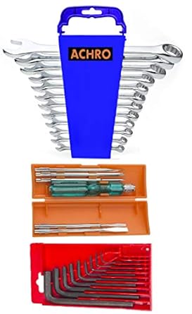 ACHRO P-927 Universal Tool Kit Set for Home/Garage/Car/Bike/Industry (Set of 27 Pcs Tool kit) Contains 6 Pcs Screwdriver Set + 12 Pcs Combination Spanner Set + 9 pcs Allen Key Set
