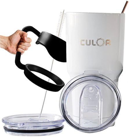 White 30oz Tumblers. Premium Stainless Steel Cups with Spill Proof Insulation. 30 oz Set With 2 Lids, Handle, Straw &amp; Brush. Perfect Gift Box Included (CULOR LIMITED EDITION)