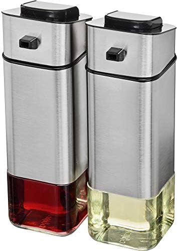CHEFVANTAGE Olive Oil and Vinegar Cruet Dispenser Set with Elegant Glass Bottle and Drip Free Design - Stainless Steel