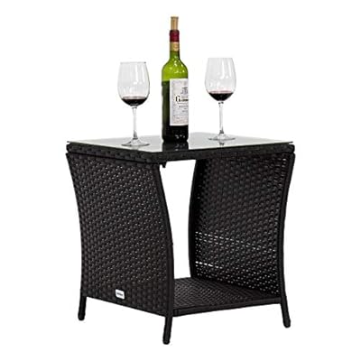 Kinsuite Wicker Patio Table Outdoor Square Coffee Table Wicker Rattan End Table with Glass Top and Storage Shelf 41PD45iCrGL