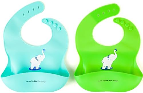 Waterproof Silicone Bibs for Toddlers with Crumb Catcher ! Easy Wipe Baby Bib! Cheerful Elephant Bib with food catcher! Spend Less Time to Clean, Keep stain off– Set of 2 (Blue and Green)