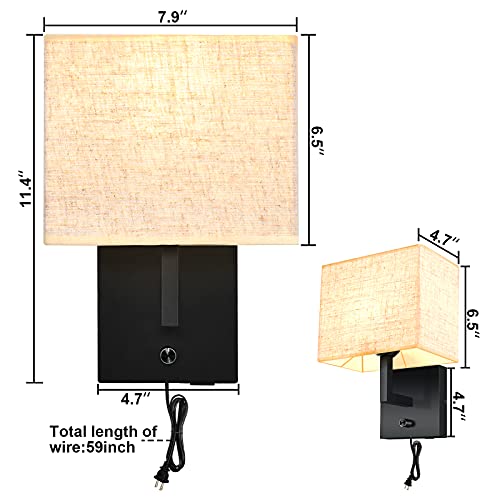 Wall Lamp with Dimmer Switch and USB Port, Wall Lamp with Plug in Cord