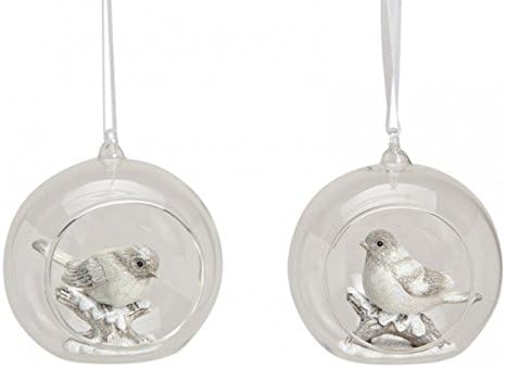Amazon De Set Glaskugeln Zum Hangen Mit Vogel Auf Zweig Im Winter 2fach Sortiert O8cm