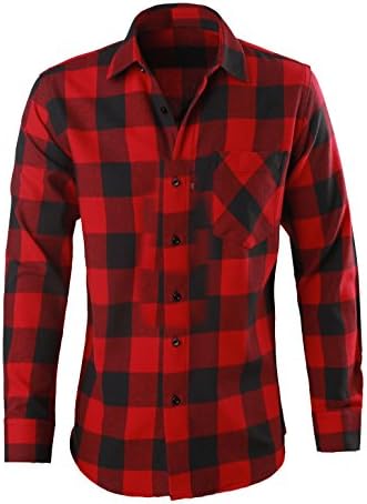 Ebind Mens Long Sleeve Casual Button Down Plaid Flannel Shirt Red Medium