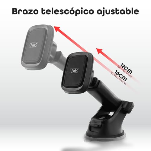 T'nB Sora Magnetic Car Phone Holder - 6 Powerful Magnets - Adjustable Arm - 360° Rotation - 2 in 1 Suction Cup - Carbon Finish - Black
