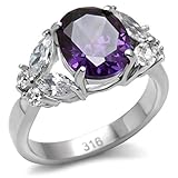 Stainless Steel Faceted Purple Oval Cubic Zirconia and Clear Butterfly Accent Ring