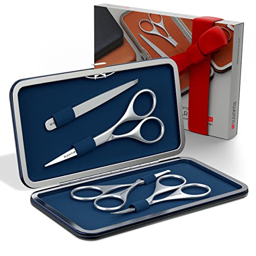 Suvorna Premium Beard & Mustache Set with Beard Scissors for Men - Facial Hair/Nose/Eyebrow Scissors - Slant Tweezers (4 Pcs Dark Blue)