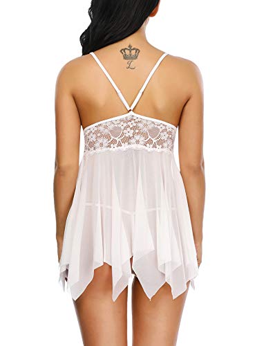 LALAVAVA Sexy Lingerie for Women Lace Mesh Babydolls V Neck Strap Back Sleepwear (02 White, S)