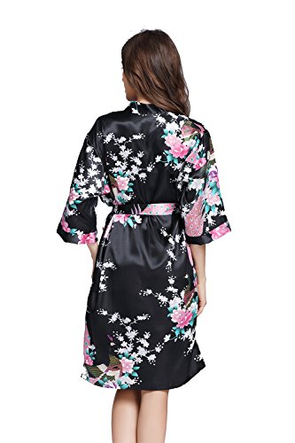 Amzchoice Women's Short Sleeve Kimono Robe Peacock & Blossoms for Spa, Wedding Bridal and Bridesmaid (M, Black)
