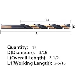 12 PCS,3/16", HSS Black and Gold Coated Twist Drill