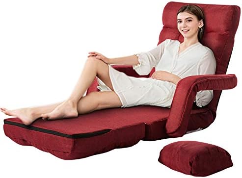 TOPMAX Folding Floor Lazy Sofa Chair Lounger Bed Chaise Adjustable Fabric Chaise Lounge with Armrests and a Pillow (Red)