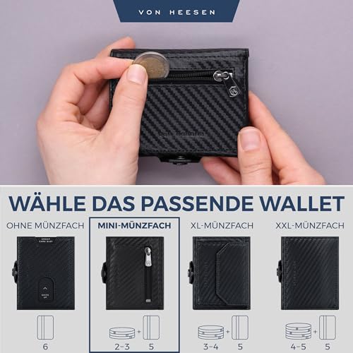 VON HEESEN Slim Wallet with RFID Protection, for Men and Women, Mini Purse, Credit Card Case, Small Wallet, Black carbon