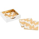 Caspari Coasters - Square Lacquer Coasters Set of 4 Coasters in Holder, Modern Moire Gold Pattern