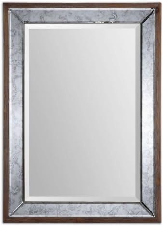 Zinc Decor Antiqued Beveled Wall Mirror Aged Pecan Stained Wood Large 37”