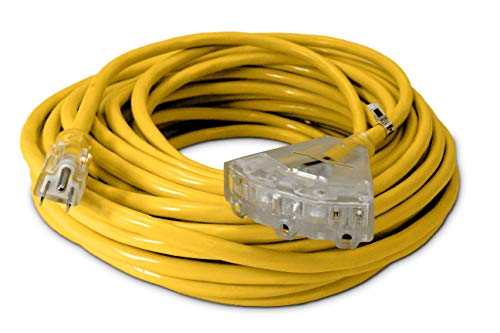 75-ft 12/3 Heavy Duty 3-Outlet Lighted SJTW Indoor/Outdoor Extension Cord by Watt's Wire - Yellow 75' 12-Gauge Grounded 15-Amp Three-Prong Power-Cord (75 foot 12-Awg)