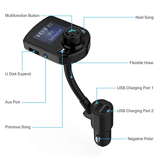 Bluetooth FM Transmitter for Car, Wireless FM Radio Transmitter Adapter Car Kit Dual USB Charging Port Car Charger with Hands Free Calls and 1.44" LCD Display Support Aux Input/Output TF Card USB Disk - Thumbnail 7