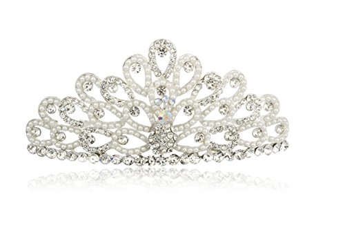 Silvertone Two-tone with Stones and Pearls Peacock Style Tiara Comb Design Hair Piece