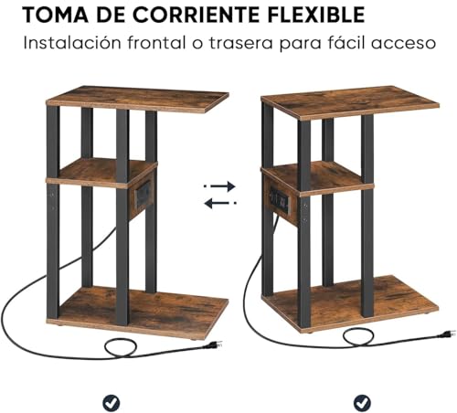 WEAGP Mesa Auxiliar, Mesas Auxiliares en Forma de C con Estación de Carga Mesa Auxiliar 2 Puertos USB y Tomas de Corriente Estación de Carga para Espacios Pequeños Sala de Estar Dormitorio (Marrón)