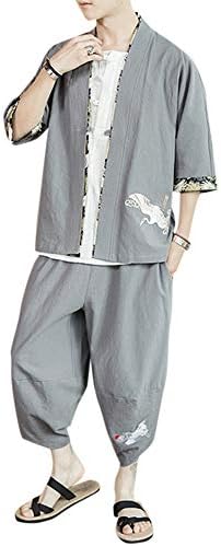 Yffushi メンズ カーディガン 和柄 上下セット サルエルパンツ 七分丈 M 5xl 3色 刺繍