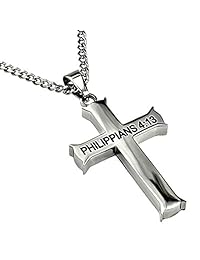 Philippians 4:13 Jewelry, Collar de cruz de esencia de Biblia Verse, acero inoxidable con cadena de eslabones de 24.0 in