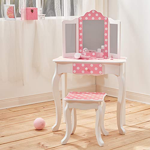 Teamson Kids Pretend Play Kids Vanity, Table and Chair Vanity Set with