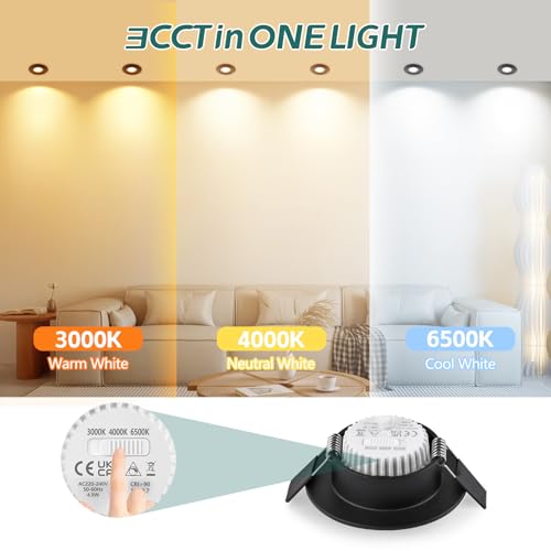 KYOTECH 3CCT Recessed LED Spotlights for Drywall Dimmable 60-70 mm, 5W 550LM 230V Recessed Spotlight, Ultra Slim, IP44 Recessed Spotlights for Bathroom, Set of 6 Black