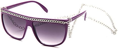 Women Flat Top Oversized Retro Chain Sunglasses w/Metal Chain on Top & Neck