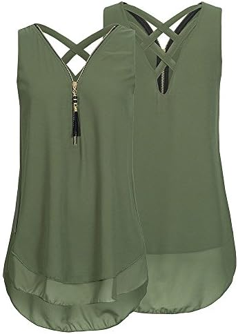 UOKNICE Women Hollow Out Flowers Chiffon Hem Layed Zipper V-NEC Backless Tank Top Mint Green