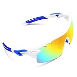 Ewin E01 Polarized Sports Sunglasses 3 Interchangeable Lenses Men Women Golf Baseball Volleyball Fishing Cycling Driving Running Glasses(White&Blue)