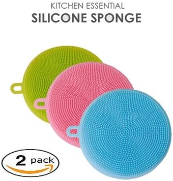 Silicone Scrubber For Kitchen Non Stick Dishwashing & Baby Care Sponge Brush Household Health Tool in size (11.511.51.5cm) Set of 2 Random Colors Opp bag