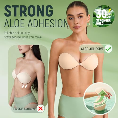MSHalo Ultra Invisible Sticky Bra Push Up, Strapless Adhesive Bra for Women's Exotic Bras, Reusable Silicone Sticky Boobs for Backless Dress (B Cup, Beige)