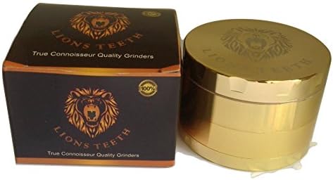 LIONS TEETH Weed Herb Spice Tobacco Luxury Grinder With Removable Pollen Kief Catcher Screen Large 4 Piece 2.5 Inch Gold Cool Engraved Design (Gold)