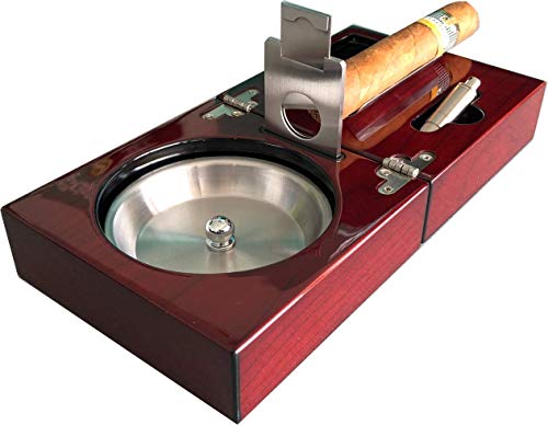 H&H The Compact Ash Tray with Cutter and Punch - 4.75" x 4.75" x 2.8" (Cherry)