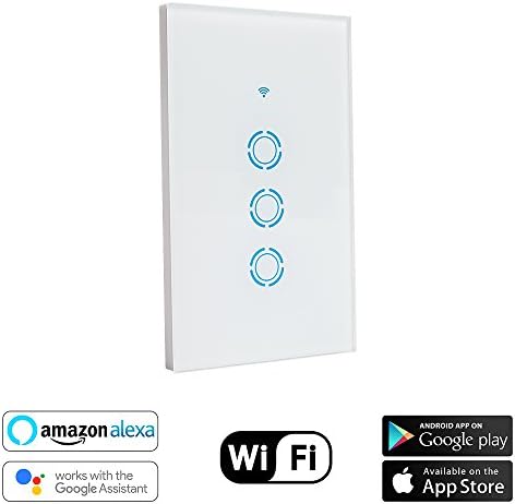 HOSYO Smart Light Switch, 3 Switches Touch Wall Switch Panel Plate Light, In-Wall WiFi Wireless On/Off Wall Switch, Timing, Voice App Remote Control, Tempered Glass Protection, Compatibles with Alexa