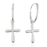 Children's 925 Sterling Silver Symbolic Christian Dangle Cross Charm Hoop Ear Huggie Small Earrings