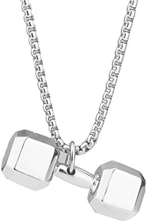 Joyucky Titanium Steel Necklace for Men Fitness Dumbbell Pendant Necklace Chain Silver Punk Jewelry