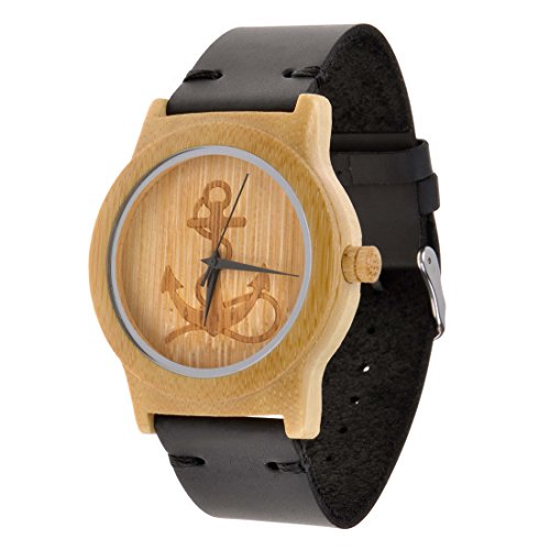 ZLYC Unisex Original Design Handmade Bamboo Quartz Watch with Leather Strap (Anchor)