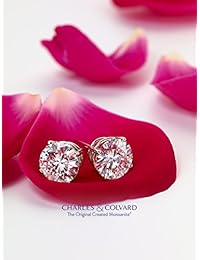 Charles y Colvard 0.23 pulgadas VG moissanita 1.50 quilates peso equivalente de diamantes Oro blanco de 14K Fricción tuerca trasera aro pequeño de 4 puntas (1.36 quilates real peso, Si2   100% Eye Clean), color blanco