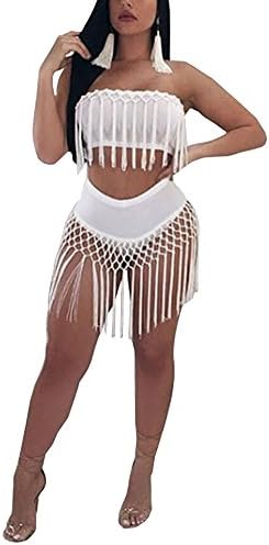 Fadvanes Womens Sexy 2 Piece Outfits Set Tassels Sleeveless Crop Top and Shorts/Skirt Set Bodycon Club Wear White M