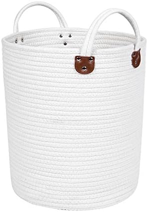 Woven Cotton Rope Storage Basket - 15" x 13" Medium-sized Natural Home Decor Baskets with Leather Handles for Organizing Blankets, Towels, Laundry, Toys - White