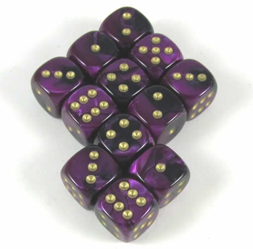 Black Purple Gemini with Gold Pips 12mm D6 Dice Set of 12 Wondertrail WCX26840E12