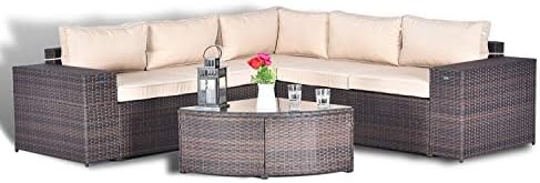 Gotland 6pcs Outdoor Rattan Sectional Sofa Wide Armrest Patio Wicker Furniture Set(Fade Brown),with Weather Resistant Tan Cushions & Tea Table