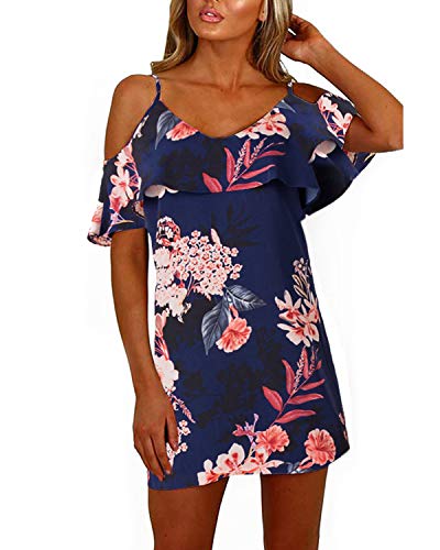 YOINS Sommerkleid Damen Sexy Tshirt Kleid Schulterfrei Tunika Kurzarm MiniKleid Strandkleid Blumenmuster