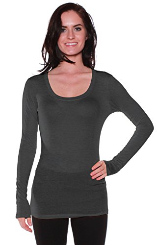 Active Basic Womens Plain Basic Deep Scoop Neck Long Sleeves Top Shirt - Thumbnail 3