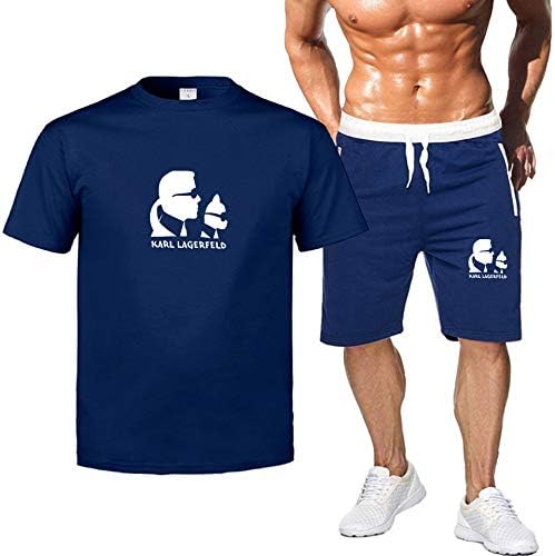 WEY Sports Shorts Karl Lagerfeld Cartoon Printed Sportswear Suit Casual T-Shirt Sweatpants 2-Pieces Set Fitness Running Clothes High-Quality Materials/Deep Blue/M